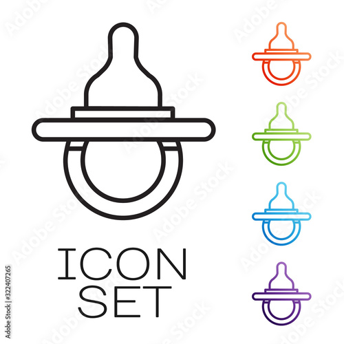 Black line Baby dummy pacifier icon isolated on white background. Toy of a child. Set icons colorful. Vector Illustration