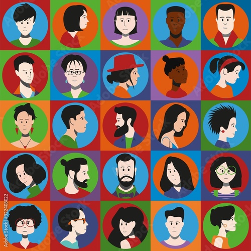 Icon set of different people, men and women of different races. Flat vector illustration.