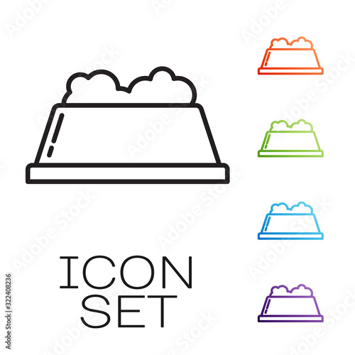 Black line Pet food bowl for cat or dog icon isolated on white background. Dog or cat paw print. Set icons colorful. Vector Illustration