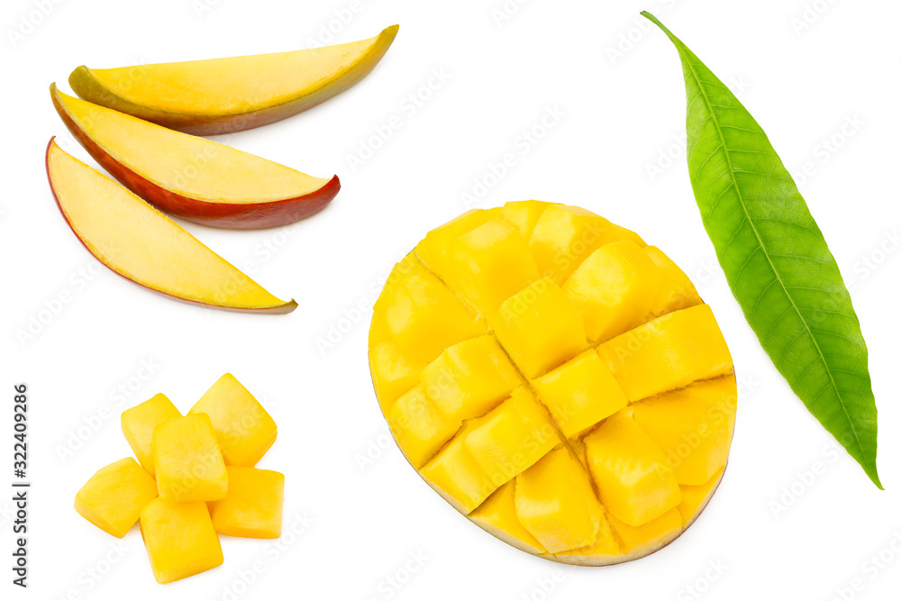 mango slices with green leaves isolated on white background. healthy food. top view mango slices with green leaves isolated on white background. healthy food. top view