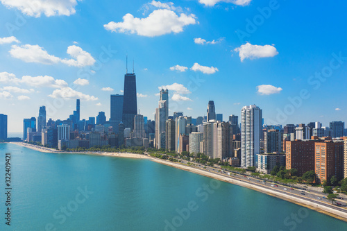 Aerial view of Chicago skyline with Michigan lake 