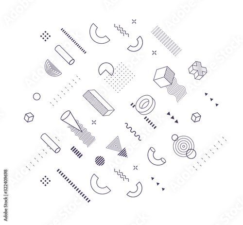 Geometric shapes trendy graphic elements for memphis design, poster and banner decorate, fashion and abstract pattern, modern print, vector illustration