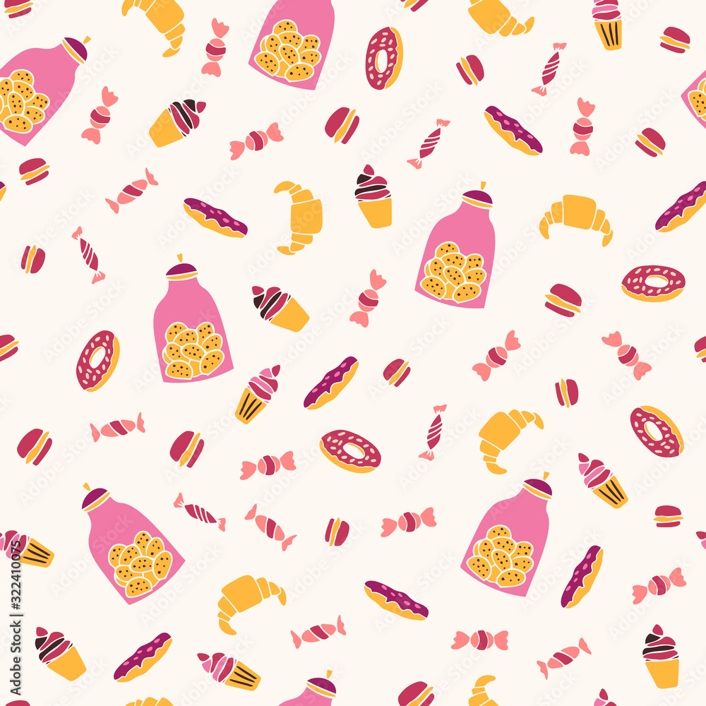 Fototapeta Cute hand drawn coffee and sweets seamless pattern. Great for textiles, banners, wallpapers, wrapping paper, notebook covers. Vector design. Swatch included.