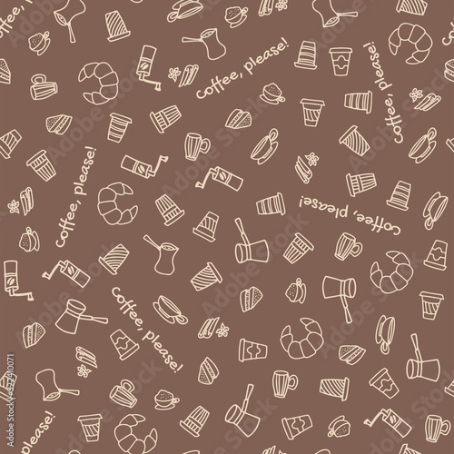 Cute hand drawn coffee seamless pattern. Great for textiles, banners, wallpapers, wrapping paper, notebook covers. Vector design. Swatch included.