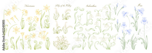 Plakat Set of spring flowers: iris, lily of the valley, snowdrop, daffodil. In art nouveau style, vintage, old, retro style. Outline vector illustration.