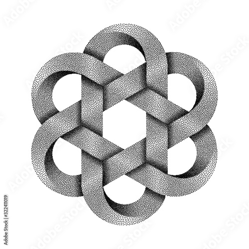 Hexagonal chinese knot made of crossed stippled tapes. Traditional ancient symbol. Vector illustration.