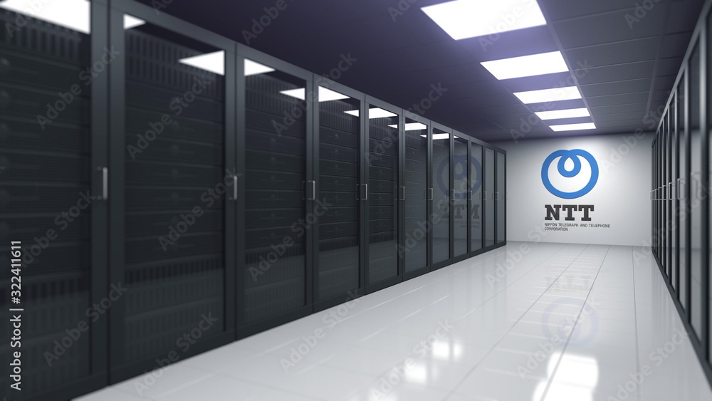 Logo of NTT on the wall of a server room, editorial 3D rendering Stock ...