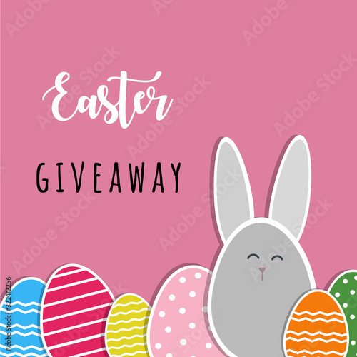 Easter giveaway. Vector flat illustration of colorful eggs and bunny character. Elements isolated on a pink background,