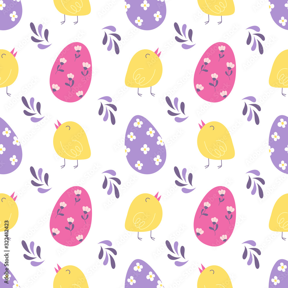 Happy Easter seamless pattern. Colored eggs, yellow chicken. Vector print for packaging, fabric, wallpaper.