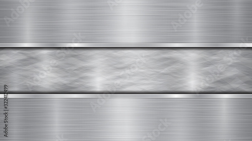 Background in silver and gray colors, consisting of a shiny metallic surface and two horizontal polished plates located above and below, with a metal texture, glares and burnished edges