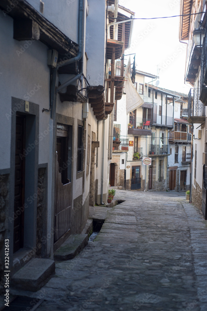 February 3, 2020 Candelario Salamanca. Street and old houses of the small town next to the mountain of Gredos.