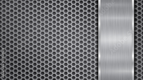 Background in silver and gray colors, consisting of a perforated metallic surface with holes and one vertical polished plate located on right side, with a metal texture, glares and shiny edges