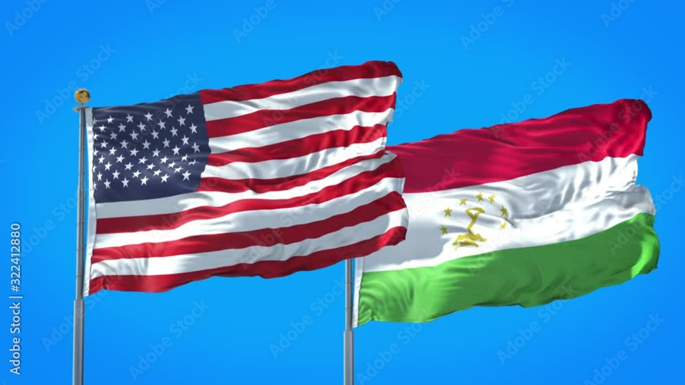 Tajikistan and United States flag waving in deep blue sky together. High Definition 3D Render. Tajikistan and United States flag waving in deep blue sky together. High Definition 3D Render.