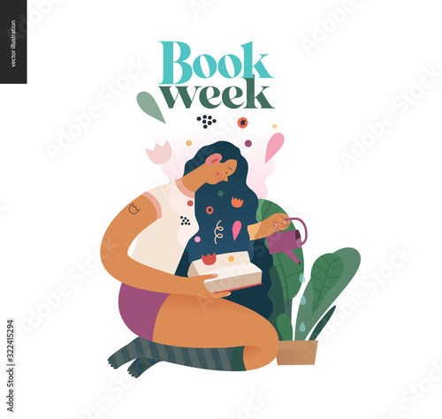 Watering design template -World Book Day graphics -book week events. Modern flat vector concept illustrations of reading people -a brunette girl with watering a plant in the pot, reading a book