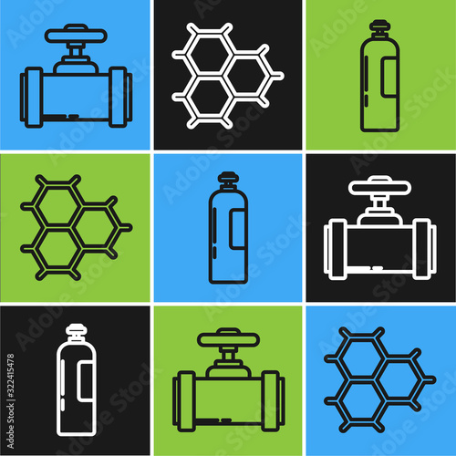 Set line Industry metallic pipes and valve, Industrial gas cylinder tank and Chemical formula consisting of benzene rings icon. Vector