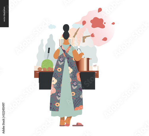 World Book Day graphics, woman cooking template, book week events. Modern flat vector concept illustrations of reading people -a woman reading a detective story, boiling a soup standing back