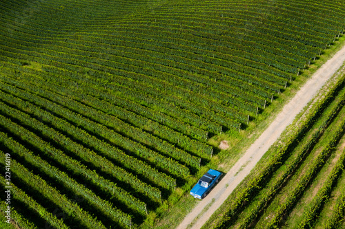  Foto de drone de carro antigo em plantação de uvas no vale dos vinhedos  photo