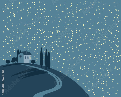 Vector night landscape with a lonely village house on a hill against a starry sky with clouds. Decorative childish illustration in cartoon style.