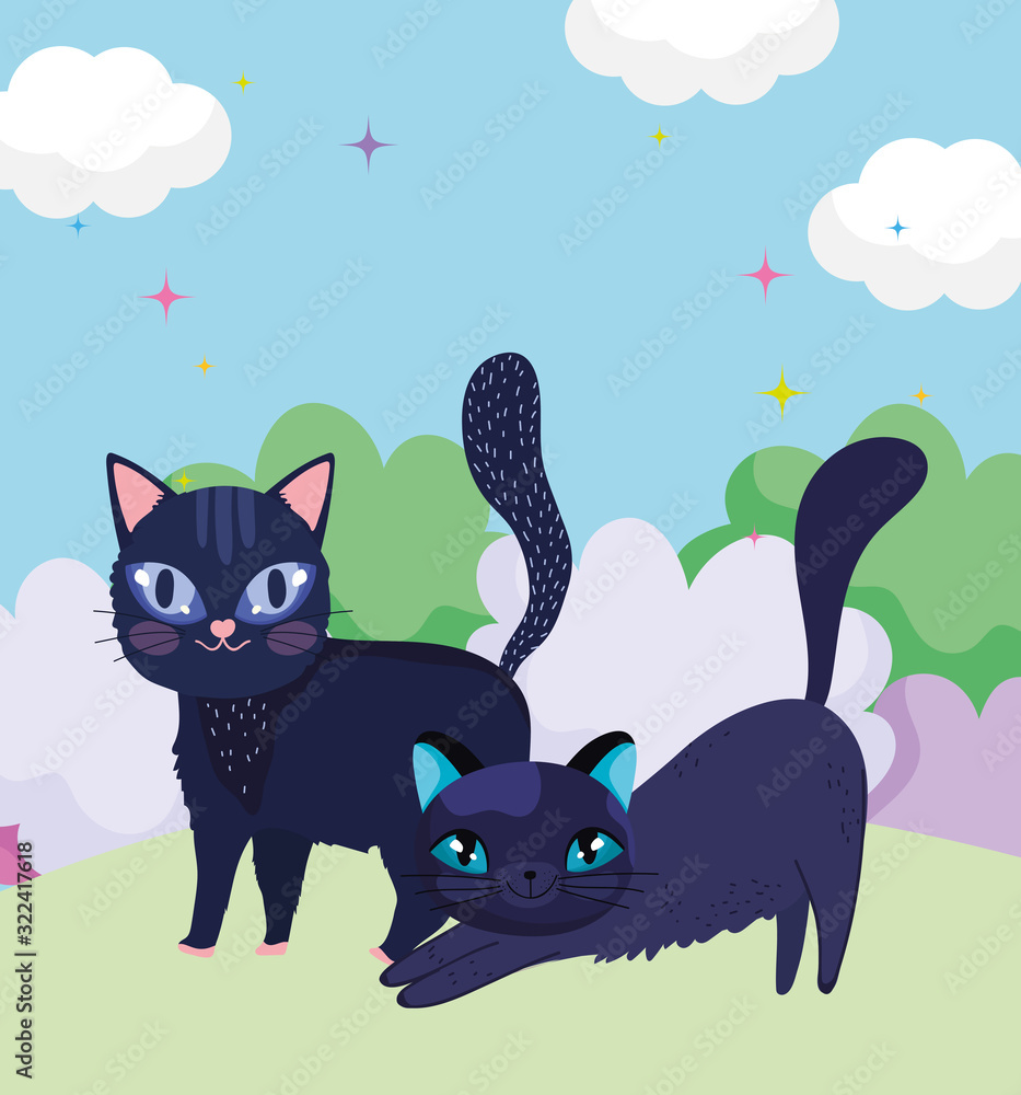 Fototapeta premium cartoon black cats in grass nature landscape pets