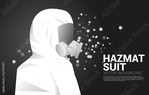 White Hazmat suit with full mask and virus particle background. Concept for biochemical hazard and virus protection situation