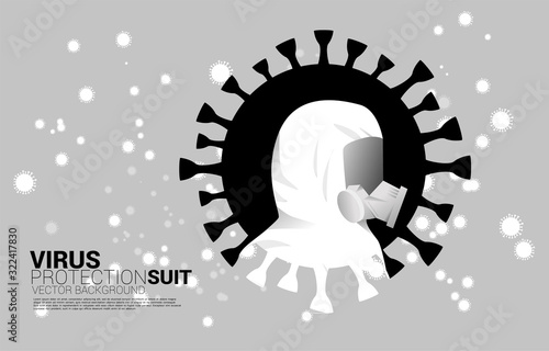 White Hazmat suit with full mask and virus particle background. Concept for biochemical hazard and virus protection situation
