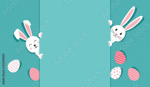 Easter bunnies and eggs greeting card. Paper rabbit on polka dot turquoise background. Vector illustration