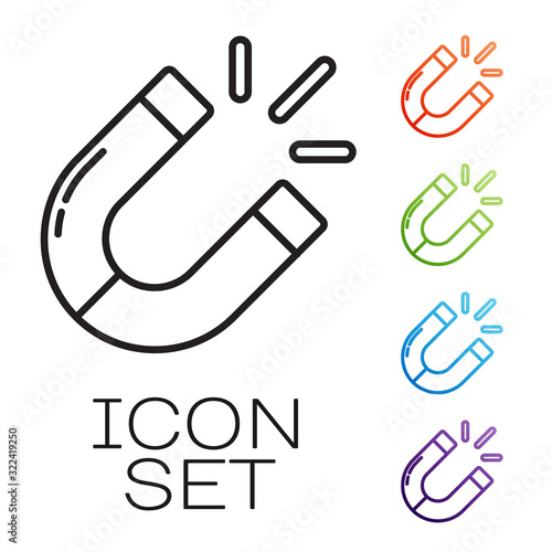 Black line Magnet icon isolated on white background. Horseshoe magnet, magnetism, magnetize, attraction. Set icons colorful. Vector Illustration