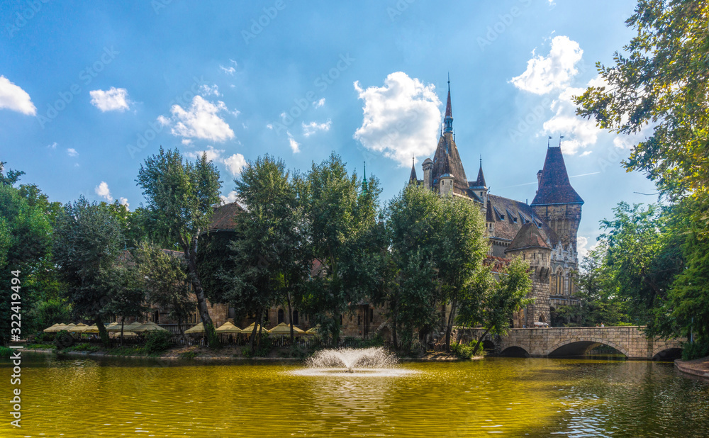 Decorative castle Vajdahunyad in the historical park Varoshliget in Budapest, Hungary. The Millennium of the Hungarian State, 1896	