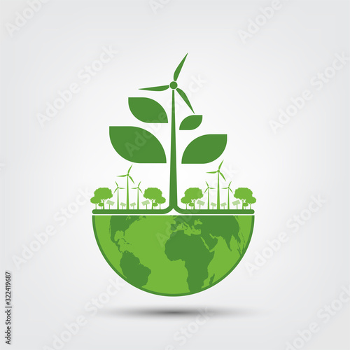Ecology and Environmental Concept,Earth Symbol With Green Leaves Around Cities Help The World With Eco-Friendly Ideas