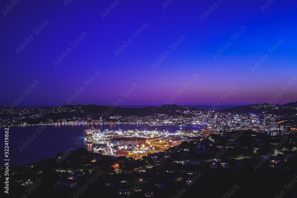 Wellington harbor cityscape at night after sunset