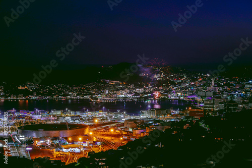 Wellington cityscape and fireworks  Wellington water front New Year celebration