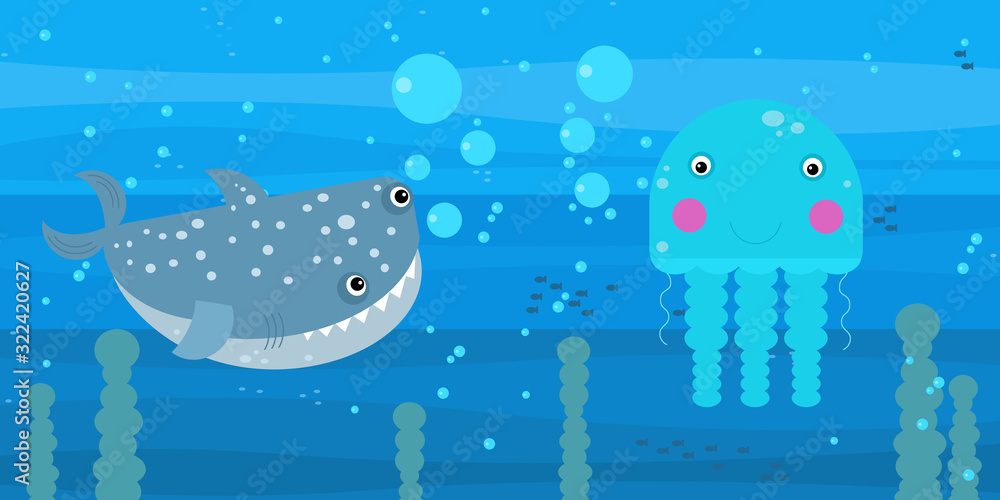 Happy cartoon underwater scene with swimming coral reef fishes illustration Happy cartoon underwater scene with swimming coral reef fishes illustration