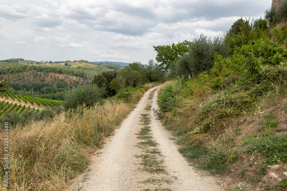 dirt road outside the castle walls of Monteriggioni medieval village, province of Siena, region of Tuscany, Italy 