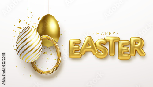 Happy Easter lettering background with 3D realistic golden glitter decorated eggs, confetti. Vector illustration