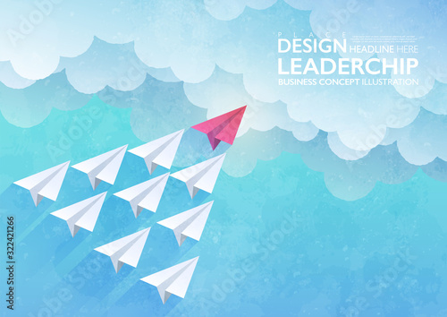 Leadership concept. Group of white paper airplanes led by the red paper plane flying upward. Business vector illustration.