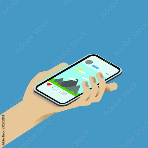 Hand with white smartphone with image in application. Profile, heart and envelope icon on the screen. Isometric illustration. Realistic smartphone