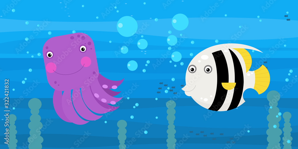 Happy cartoon underwater scene with swimming coral reef fishes illustration Happy cartoon underwater scene with swimming coral reef fishes illustration