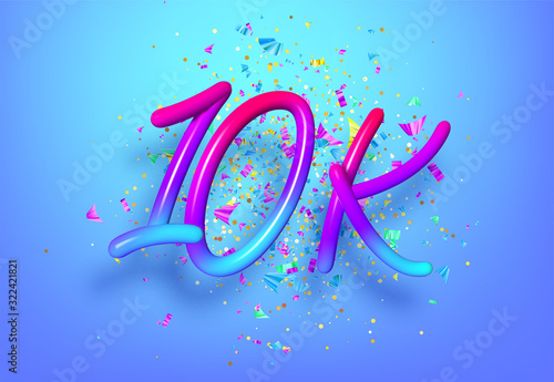 10k followers celebration design with Rainbow numbers, sparkling confetti and glitters. Realistic 3d festive illustration. Party event decoration. Vector illustration