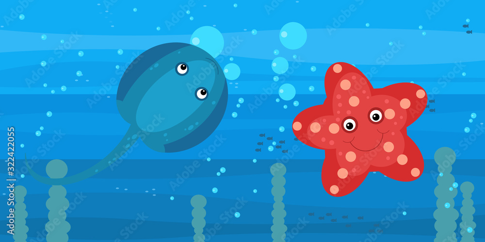 Happy cartoon underwater scene with swimming coral reef fishes illustration Happy cartoon underwater scene with swimming coral reef fishes illustration
