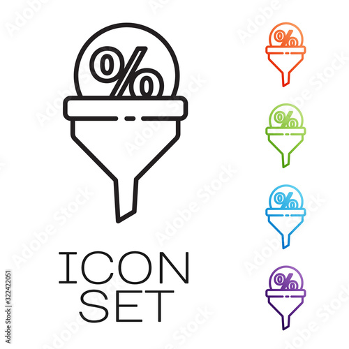 Black line Lead management icon isolated on white background. Funnel with discount percent. Target client business concept. Set icons colorful. Vector Illustration