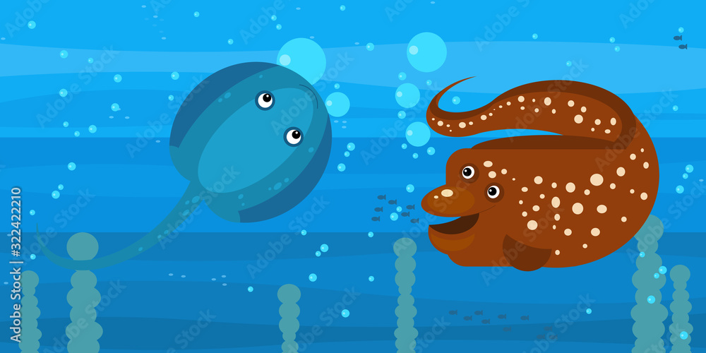 Happy cartoon underwater scene with swimming coral reef fishes illustration Happy cartoon underwater scene with swimming coral reef fishes illustration