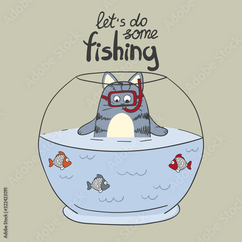 Cute cartoon cat and fish in the aquarium. Vector illustration for kids t-shirt, poster, card design.