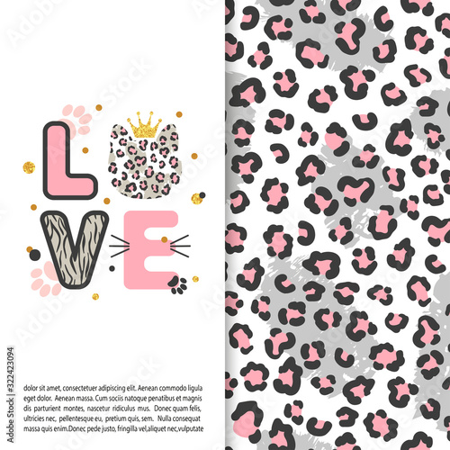 Love card with cute leopard cat for kids. Animal print.