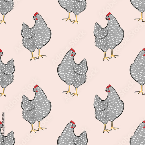 Seamless speckled hens pattern. Chicken bird farm background.