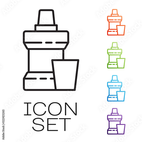 Black line Mouthwash plastic bottle and glass icon isolated on white background. Liquid for rinsing mouth. Oralcare equipment. Set icons colorful. Vector Illustration