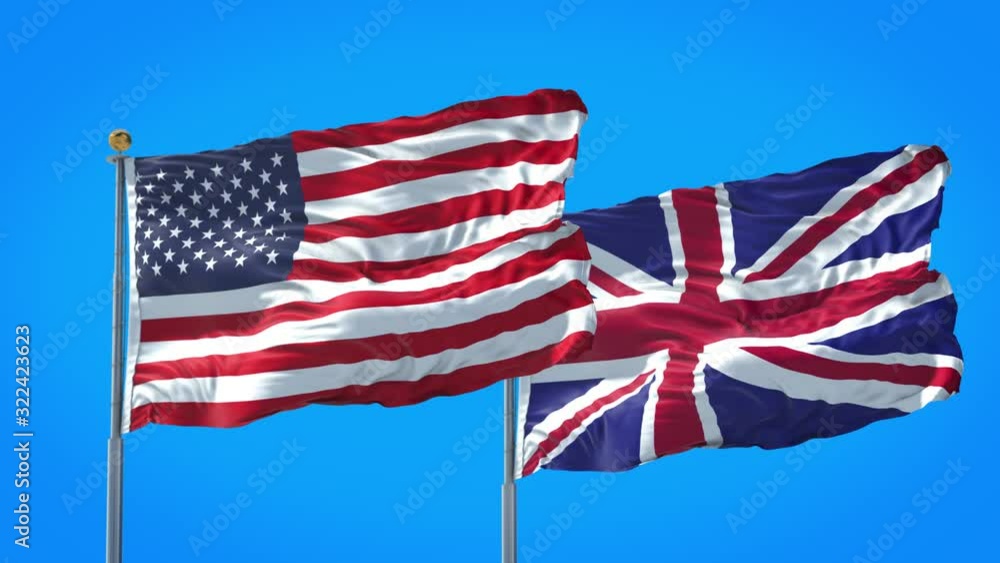 United Kingdom and United States flag waving in deep blue sky together. High Definition 3D Render. United Kingdom and United States flag waving in deep blue sky together. High Definition 3D Render.