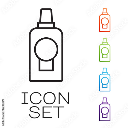 Black line Mouthwash plastic bottle icon isolated on white background. Liquid for rinsing mouth. Oralcare equipment. Set icons colorful. Vector Illustration