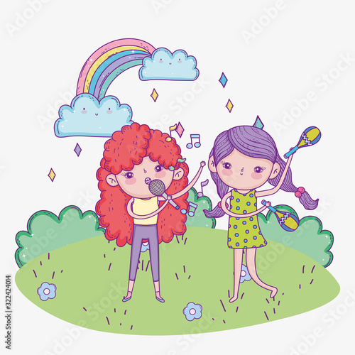 happy childrens day, girls with microphone and maraca music outdoor