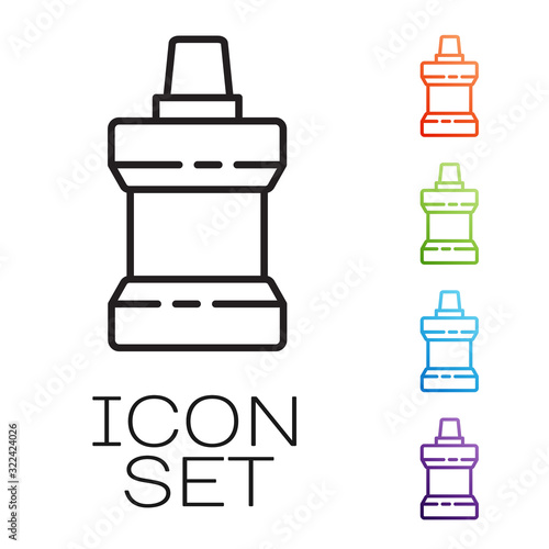 Black line Mouthwash plastic bottle icon isolated on white background. Liquid for rinsing mouth. Oralcare equipment. Set icons colorful. Vector Illustration