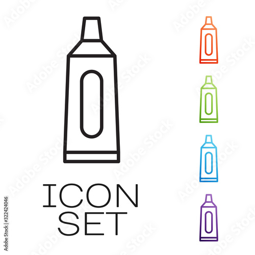 Black line Tube of toothpaste icon isolated on white background. Set icons colorful. Vector Illustration